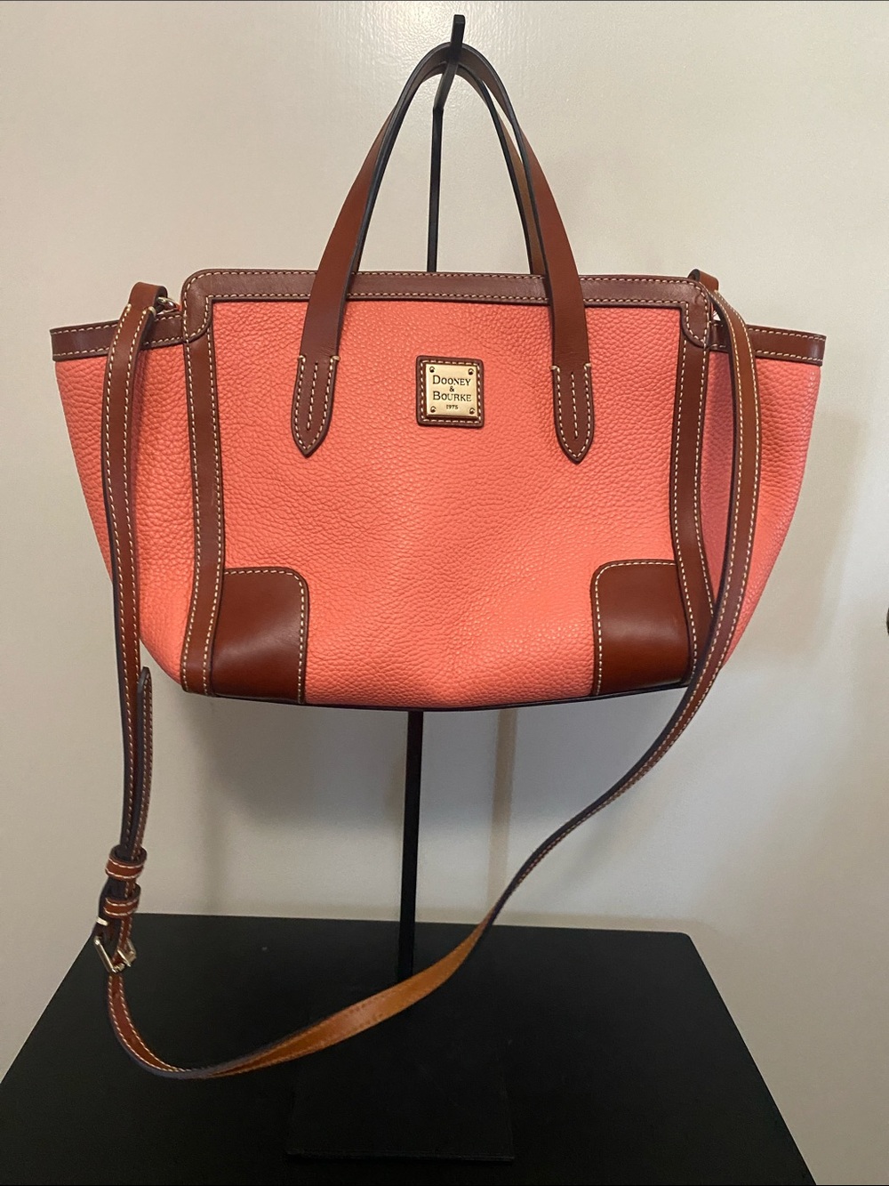 Dooney & Bourke Coral Pebble Leather Satchel with Brown Trim